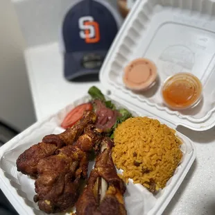 Pollo Frito (fried chicken) plate w/rice and salad