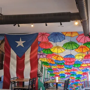 umbrellas hanging from the ceiling