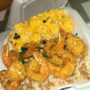 Bake mac with dirty rice and jerk butterfly shrimp