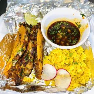 Birria tacos w/ yellow rice