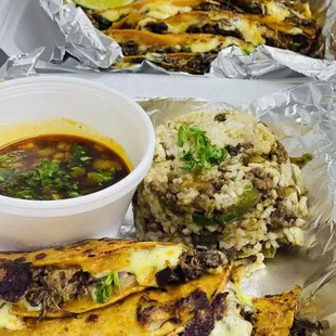 Birria tacos w/ dirty rice