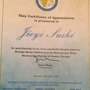 Bravo, Jieyi Sushi as being recognized