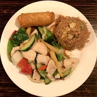 Lunch Special Combination- Chicken Kow served with egg roll and fried rice along with soft drink