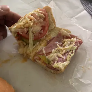 a person holding a sandwich