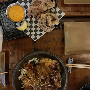 Boneless Fried Chicken, Fried Ika Legs