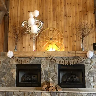Fireplace in the private party loft area