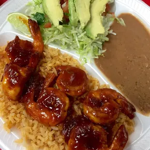 Diablo Shrimp (almost like a BBQ sauce), rice beans