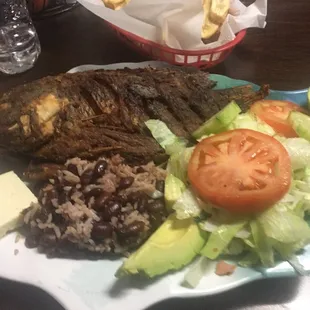 Fish, beans &amp; rice, cheese, lime, and salad