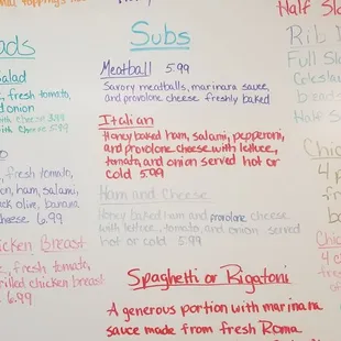 a menu on a whiteboard