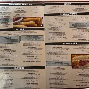 Starters, massive salads, coneys, and sandwiches.