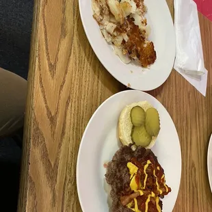 Jill&apos;s burger and Fried Potatoes