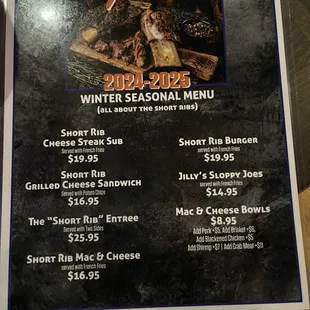 Winter seasonal menu
