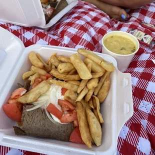 Gyro Platter - Ground Lamb with fries and Chicken Noodle soup