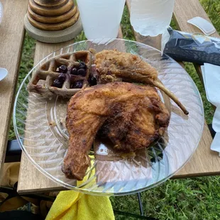 Fried chicken and lamb and waffles