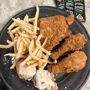 Spicy Three piece - 2 legs and a thigh with fries and sweet fritters
