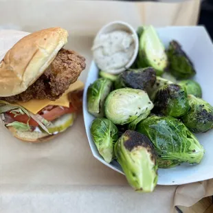 Chicken sandwich and a side of Brussels