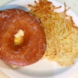 Burger on glazed donut with hash brown