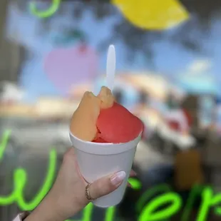 ows a hand holding a cup of ice cream