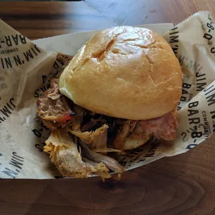 Slow smoked hand pulled pork sandwich.