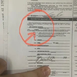 Paperwork when i receive the car showing change of mileage