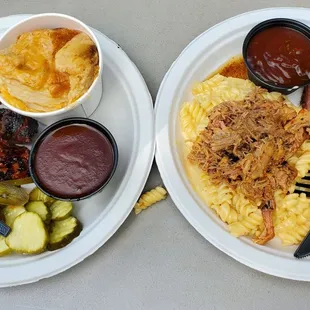 Ribs, Scalloped Potatoes, Mac and cheese w/ pulled pork, Sliced brisket.