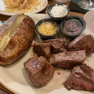 Beef tips(medium rare) &amp; loaded baked potato