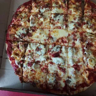 Here is my pizza, cheese, sausage, bacon, meatballs, and onions with extra sauce.