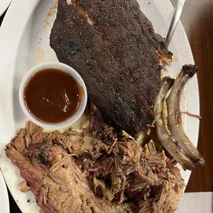 Half slab of ribs and beef brisket