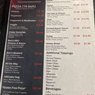 Pizza menu