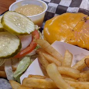 Classic 10oz burger and Fries (yes and a cup of applesauce...leave me alone)