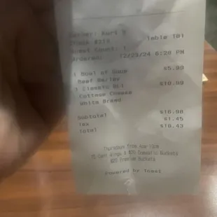 Receipt - big bowl of soup for less than $6.00.