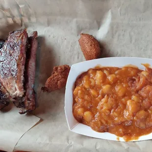 Kids meal, ribs and BBQ beans