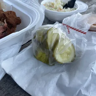 Pickles are magic with a bite of meat and Mac And Cheese