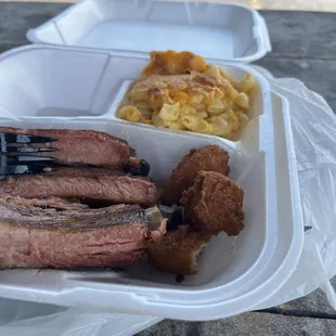 Sliced Bar B - Q Pork plate with Mac &amp; Cheeseand Hushpuppies
