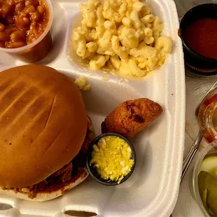 Chopped BBQ Beef Sandwich with Mac n cheese n bbq beans!