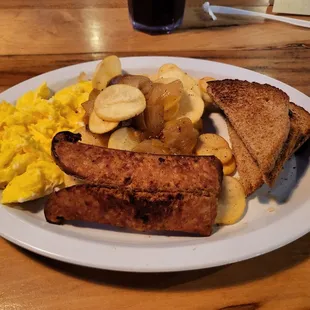 Good Morning breakfast (Smoked sausage, scrambled eggs, potatoes, onions, dry wheat toast)
