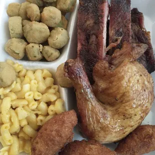 2 meat dinner with 2 sides and hush puppies