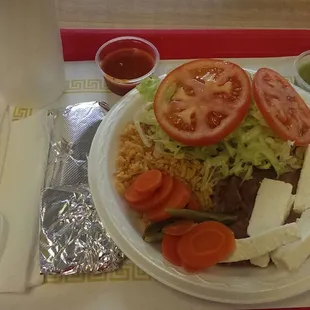 !Que rico! The contents of a bean and rice burrito to be served as is. Green chili avocado salsa and spinach pineapple juice, as well!