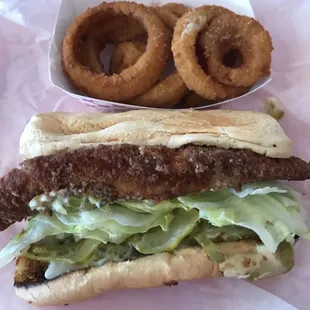 Fish sammich and onion rings