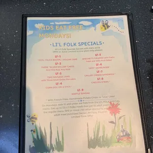 menu for kids eat free mondays