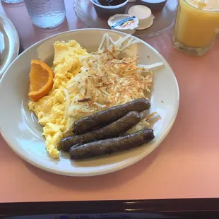 Traditional eggs n links, side of hashbrowns and pancakes
