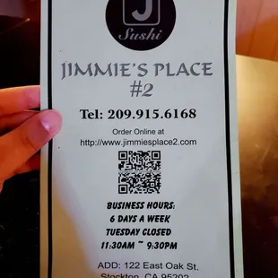 Front of menu. ONLINE ORDER DOES NOT WORK. CASH ONLY