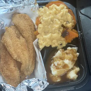 Fried catfish, cousins (Mac &amp; yams) and mashed potatoes &amp; gravy