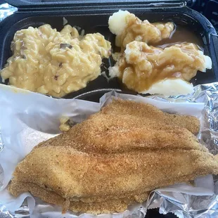 Fried catfish, Mac &amp; cheese and mashed potatoes &amp; gravy