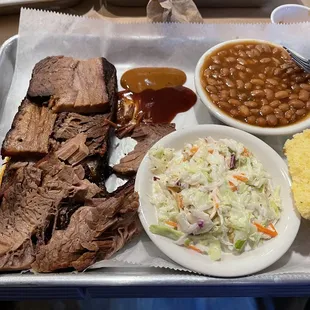 1lb Sliced Beef Brisket Dinner w cole slaw and BBQ Baked Beans.