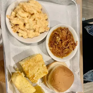 Pulled pork with Mac and cheese and cornbread