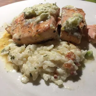 Salmon over bacon asparagus risotto.  Salmon cooked perfectly and risotto is creamy.