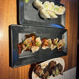 California Roll, Wagyu Dumplings/Potstickers, Sticky Ribs - happy hour specials!