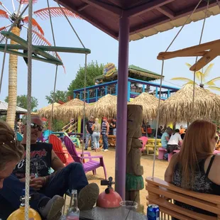 a group of people sitting at a table under thatched umbrellas