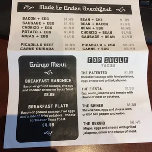 Breakfast menu